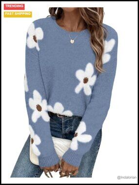 Womens Chunky Knit Floral Graphic Sweater Oversized Crewneck Pullover